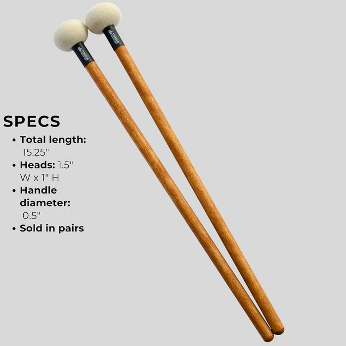 Timber Drum Comapny Timpani Mallets Medium Felt Sticks for Drum Set, Cymbal Roll, Percussion  Birch Wood Handles 15.25"