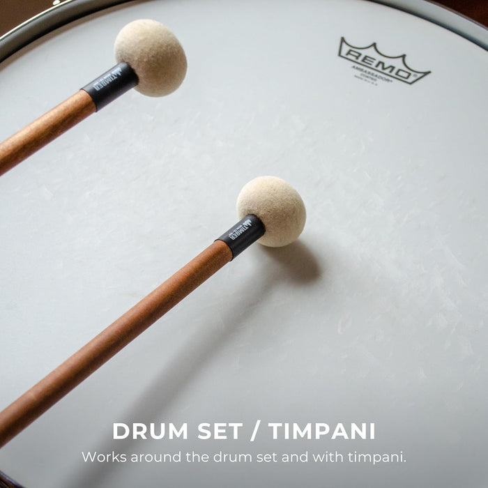 Timber Drum Comapny Timpani Mallets Medium Felt Sticks for Drum Set, Cymbal Roll, Percussion  Birch Wood Handles 15.25"