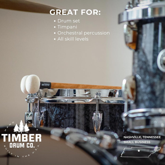 Timber Drum Comapny Timpani Mallets Medium Felt Sticks for Drum Set, Cymbal Roll, Percussion  Birch Wood Handles 15.25"