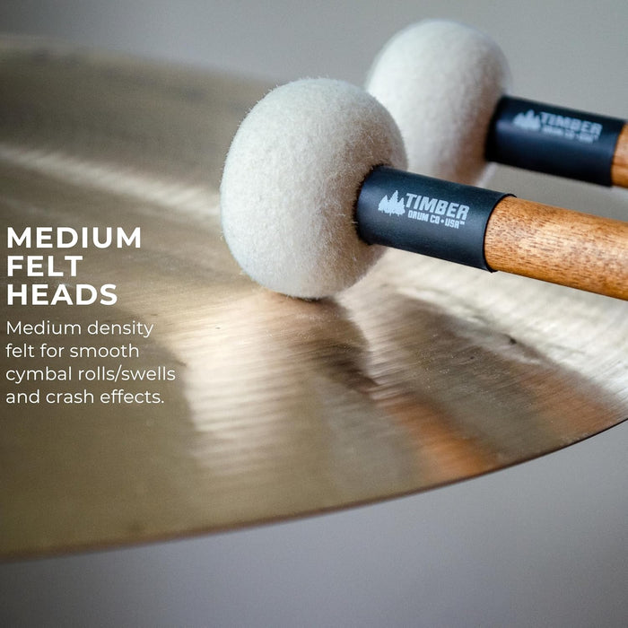 Timber Drum Comapny Timpani Mallets Medium Felt Sticks for Drum Set, Cymbal Roll, Percussion  Birch Wood Handles 15.25"