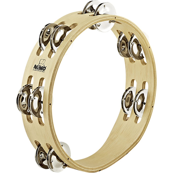 Nino Percussion NINO50 8" Compact Wood Tambourine with Double Row Nickel Silver Plated Steel Jingles